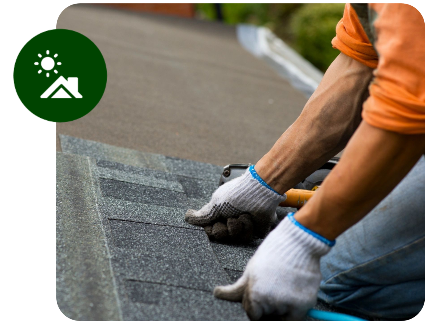 A person with gloves on working on the roof of their home.